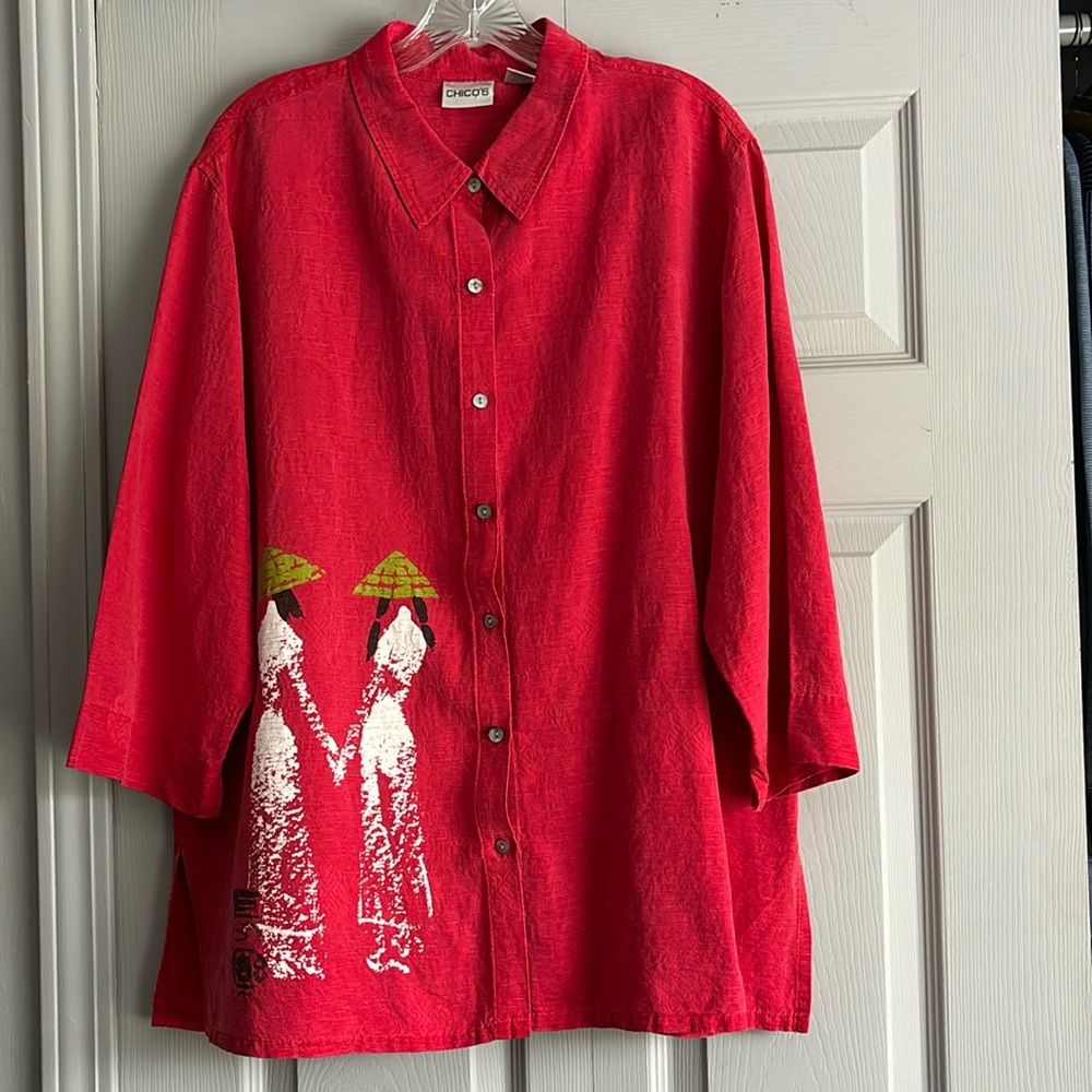 Vintage Chico’s Red with Asian Print Button Down Blouse size 3